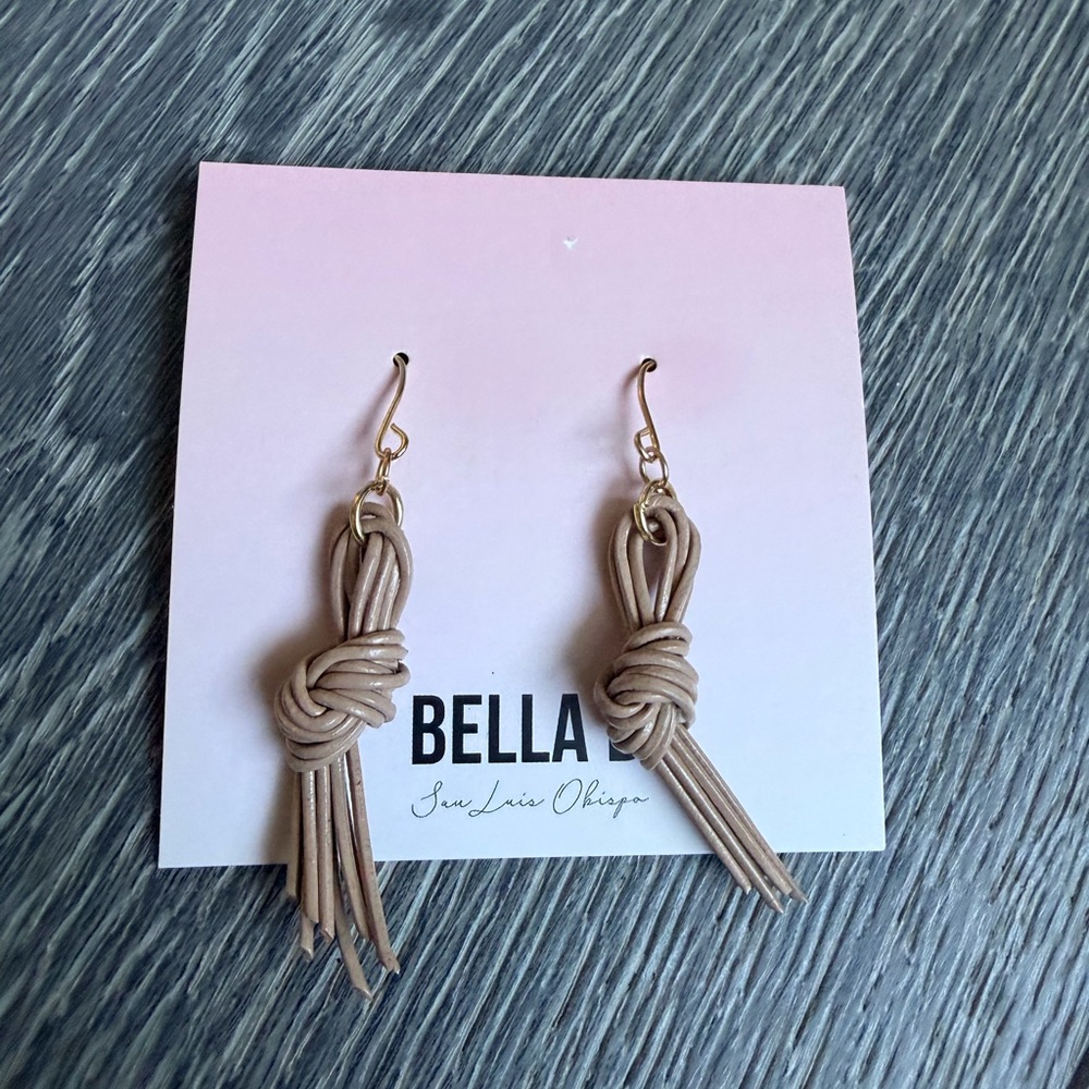 Bella B Faux Leather Fringe Knot Bohemian Lightweight Dangle Earrings In Beige